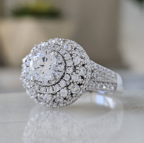 Vintage Style Victorian Double Halo Ring,  925 Sterling Silver - Picture 6 of 9